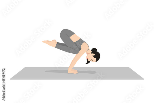 Crane Pose. Beautiful girl practice Bakasana. Young attractive woman practicing yoga exercise. working out, black wearing sportswear, grey pants and top, indoor full length, calmness and relax.