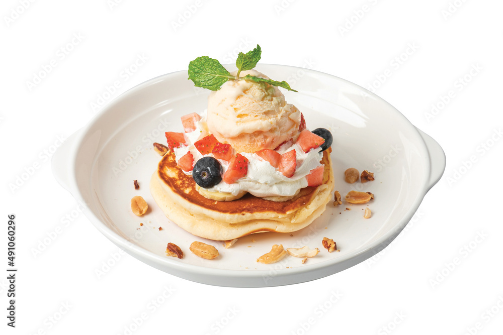 Pancakes Serve with Fresh Fruit & Ice Cream Pancakes Serve with Fresh Fruit & Ice Cream