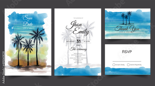wedding invitation set with beach and palm tree watercolor background
