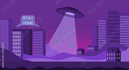 UFO over the night city. Illustrations of the concept of coronavirus nov-19. A virus with complications from China.