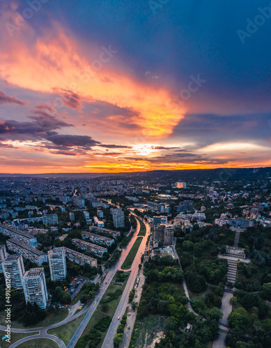 Panoramic Dawn view of Varna city. Famous monument of comunist party and beatiful skyline . Colorful morning scene of Bulgaria, Europe. Traveling concept background.
