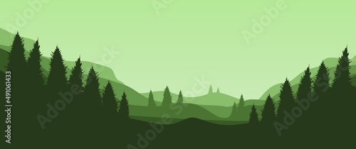 Nature vector landscape illustration of pine forest at the evening or dawn, dawn at the pine forest. Good for background, banner, ads banner, adventure or nature theme banner, desktop wallpaper.