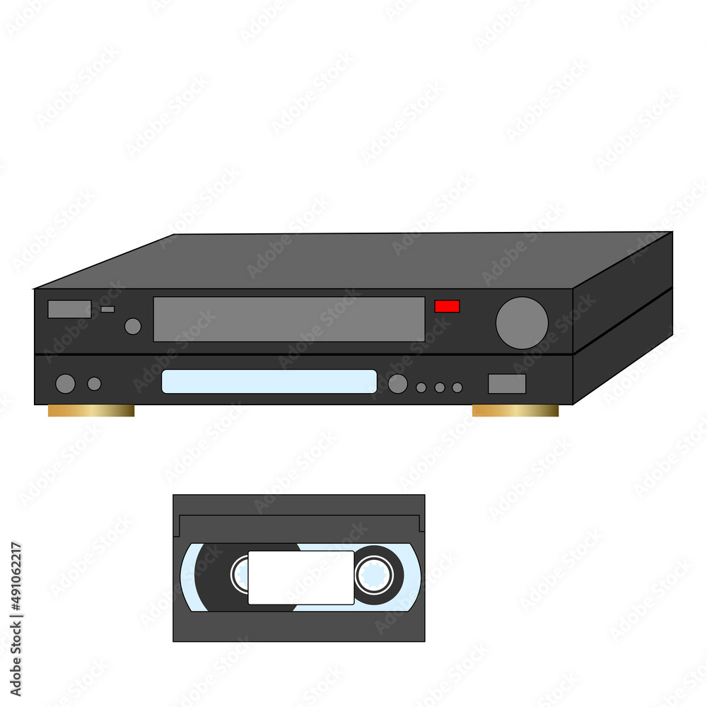 Obraz premium An analog VCR and videotape next to it.