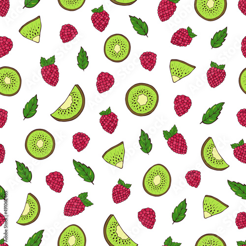 Seamless vector pattern of kiwi and raspberries. Decoration print for wrapping, wallpaper, fabric, textile.