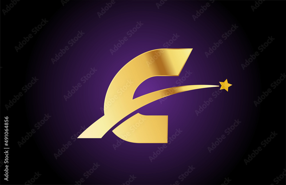 gold golden C alphabet letter logo icon with star. Creative design for business or company with swoosh gold golden C alphabet letter logo icon with star. Creative design for business or company with swoosh