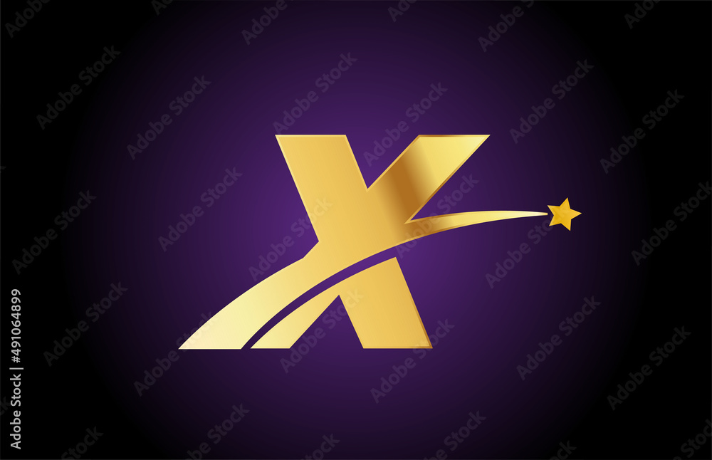 gold golden X alphabet letter logo icon with star. Creative design for business or company with swoosh gold golden X alphabet letter logo icon with star. Creative design for business or company with swoosh