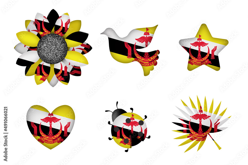 Peace symbols in colors of national flag. Concept clip art on white background. Brunei Darussalam
