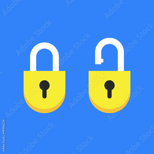 Lock open and closed. Icons isolated on blue background. Yellow padlocks. Vector.