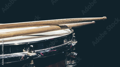 Close-up, snare drum on a dark background isolated, copy space.