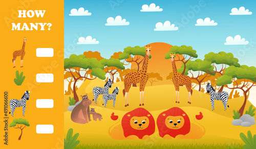 Printable educational worksheet for kids with how many puzzle, safari desert animals wildlife with cute lions