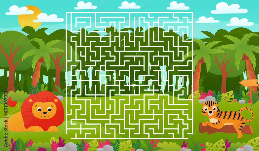 Naklejka premium Printable educational worksheet for kids with labyrinth puzzle, tropical jungle animals wildlife with cute lion
