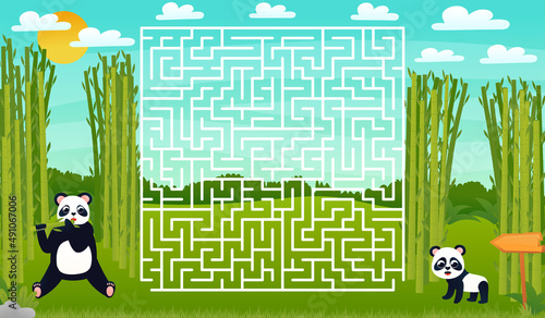 Help panda bear find path to bamboo, printable worksheet for kids with labyrinth or maze game for children books