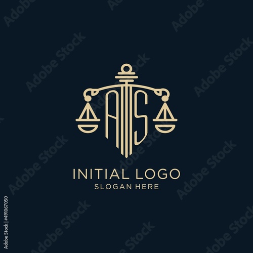 Initial AS logo with shield and scales of justice, luxury and modern law firm logo design