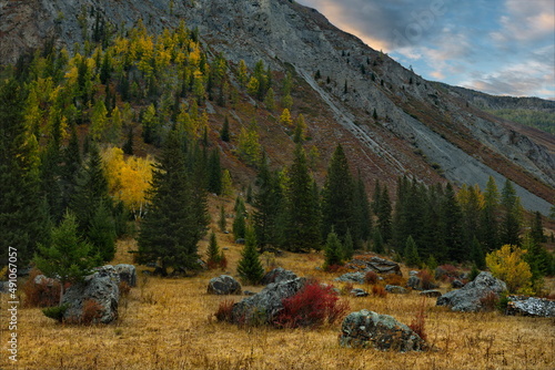 Wallpaper Mural Russia. South of Western Siberia, the Altai Mountains. Single huge fragments of rocks that fell from the tops of inaccessible mountains, in a colorful autumn frame. Torontodigital.ca