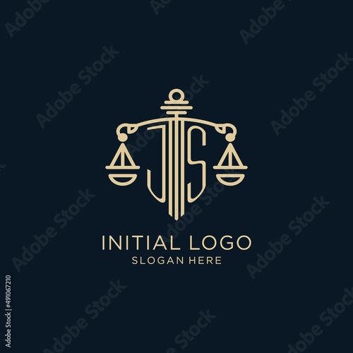 Initial JS logo with shield and scales of justice, luxury and modern law firm logo design