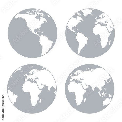 Set of four planet Earth globes. Different continents on the globe. Vector illustration.