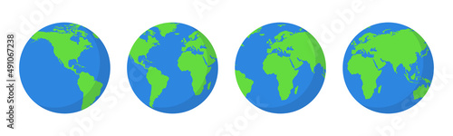 Four different views of the planet Earth. Different continents on the globe. Vector illustration.