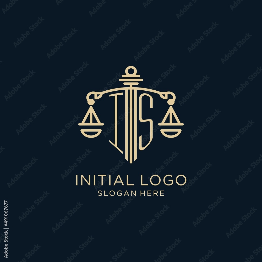 Initial IS logo with shield and scales of justice, luxury and modern ...