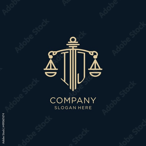 Initial IJ logo with shield and scales of justice, luxury and modern law firm logo design