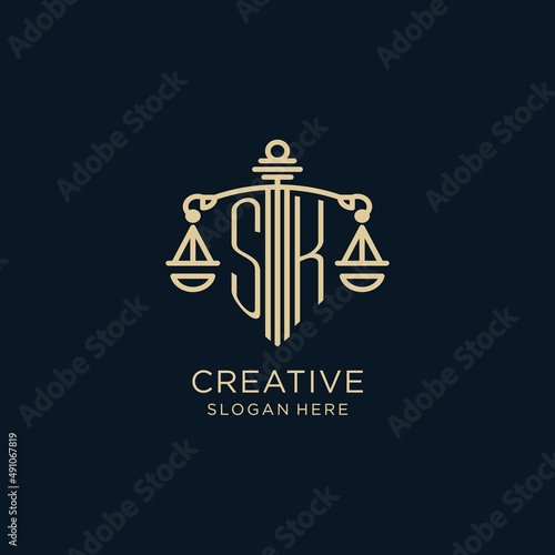 Initial SK logo with shield and scales of justice, luxury and modern law firm logo design