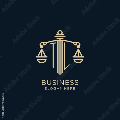 Initial TL logo with shield and scales of justice, luxury and modern law firm logo design