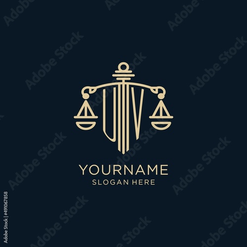 Initial UV logo with shield and scales of justice, luxury and modern law firm logo design