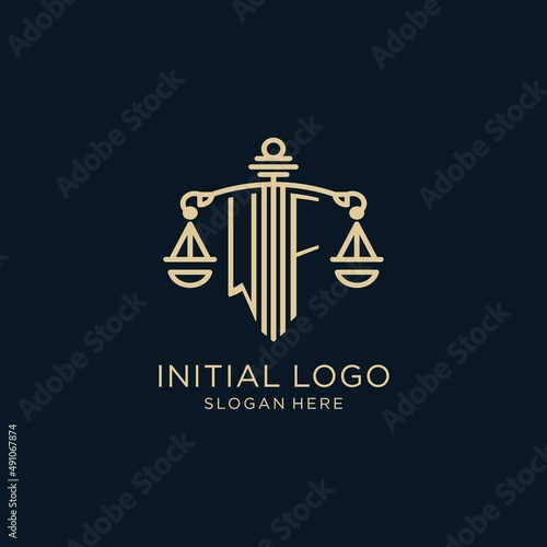 Initial WF logo with shield and scales of justice, luxury and modern law firm logo design