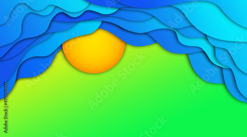 Fototapeta Naklejka Na Ścianę i Meble -  niebieskie chmury i słońce 3D na zielonym tle, abstrakcyjne tło