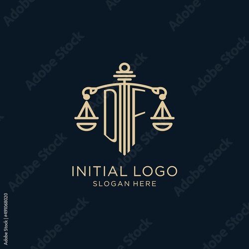 Initial DF logo with shield and scales of justice, luxury and modern law firm logo design