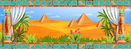 Egypt desert landscape, vector pyramid palace background, Egyptian ancient stone column, palm tree. Sand dune hills, oasis green plants, old civilization temple, panoramic Arabic view. Egypt landscape