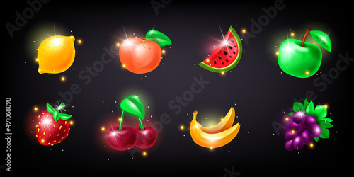 Casino slot fruit icon kit, strawberry, vector gambling machine badge set, glossy fresh apple, cherry. 3D lucky win UI design elements, grape, banana, peach, lemon, watermelon. Isolated casino fruit