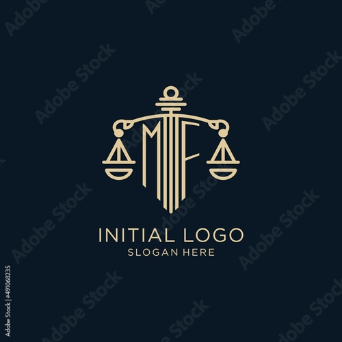 Initial MF logo with shield and scales of justice, luxury and modern law firm logo design