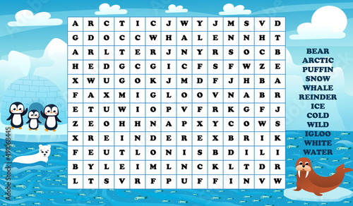 Educational word search game for kids with arctic animals, printable worksheet with seal, penguins and polar bear