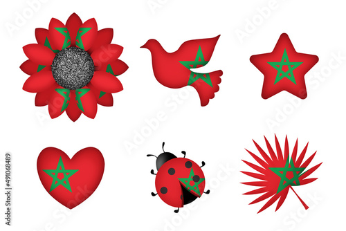 Peace symbols in colors of national flag. Concept clip art on white background. Morocco