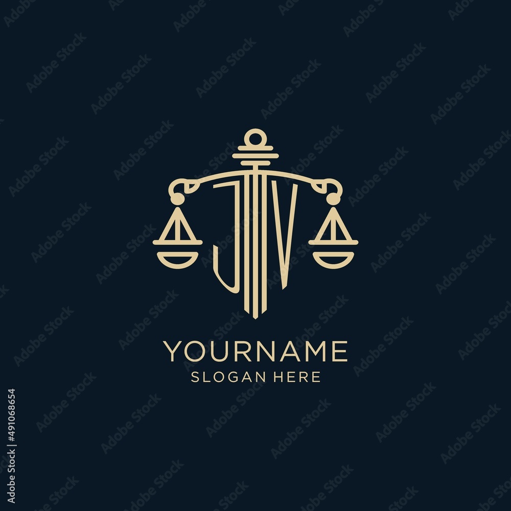 Initial JV logo with shield and scales of justice, luxury and modern ...