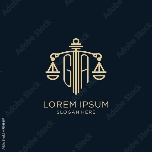 Initial GA logo with shield and scales of justice, luxury and modern law firm logo design