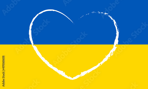 White contour heart on the background of the flag of Ukraine. Symbol of love and support of the Ukrainian people 
