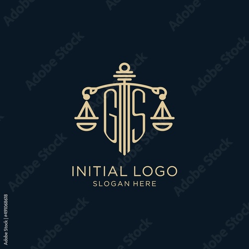 Initial GS logo with shield and scales of justice, luxury and modern law firm logo design