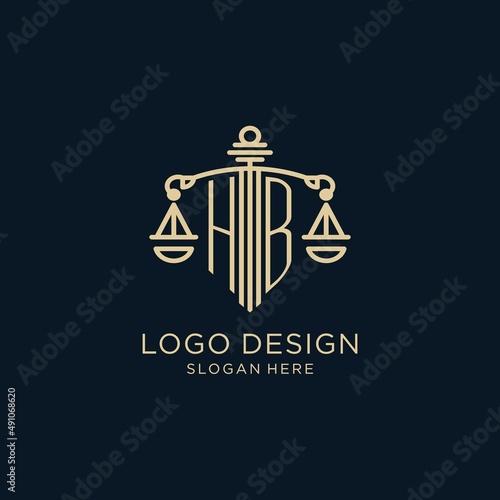 Initial HB logo with shield and scales of justice, luxury and modern law firm logo design