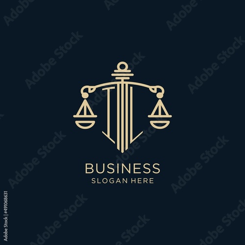 Initial IL logo with shield and scales of justice, luxury and modern law firm logo design
