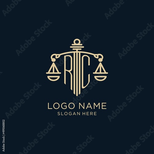 Initial RC logo with shield and scales of justice, luxury and modern law firm logo design