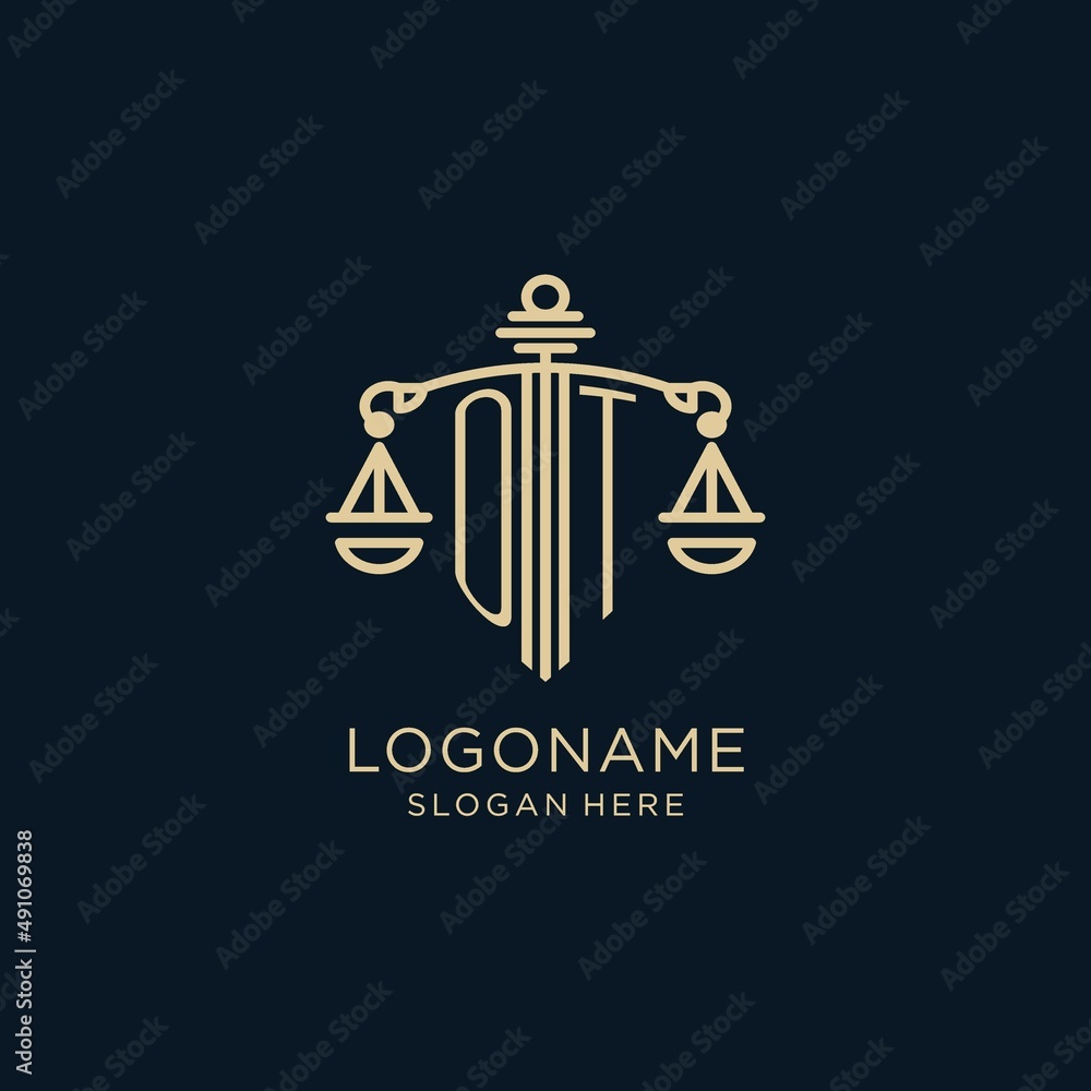 Initial OT logo with shield and scales of justice, luxury and modern ...