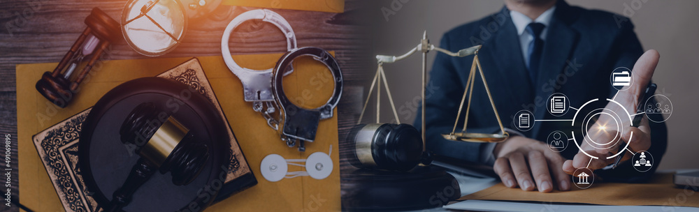 Obraz premium justice and law concept.Male judge in a courtroom on wooden table and Counselor or Male lawyer working in office. Legal law, advice and justice concept.