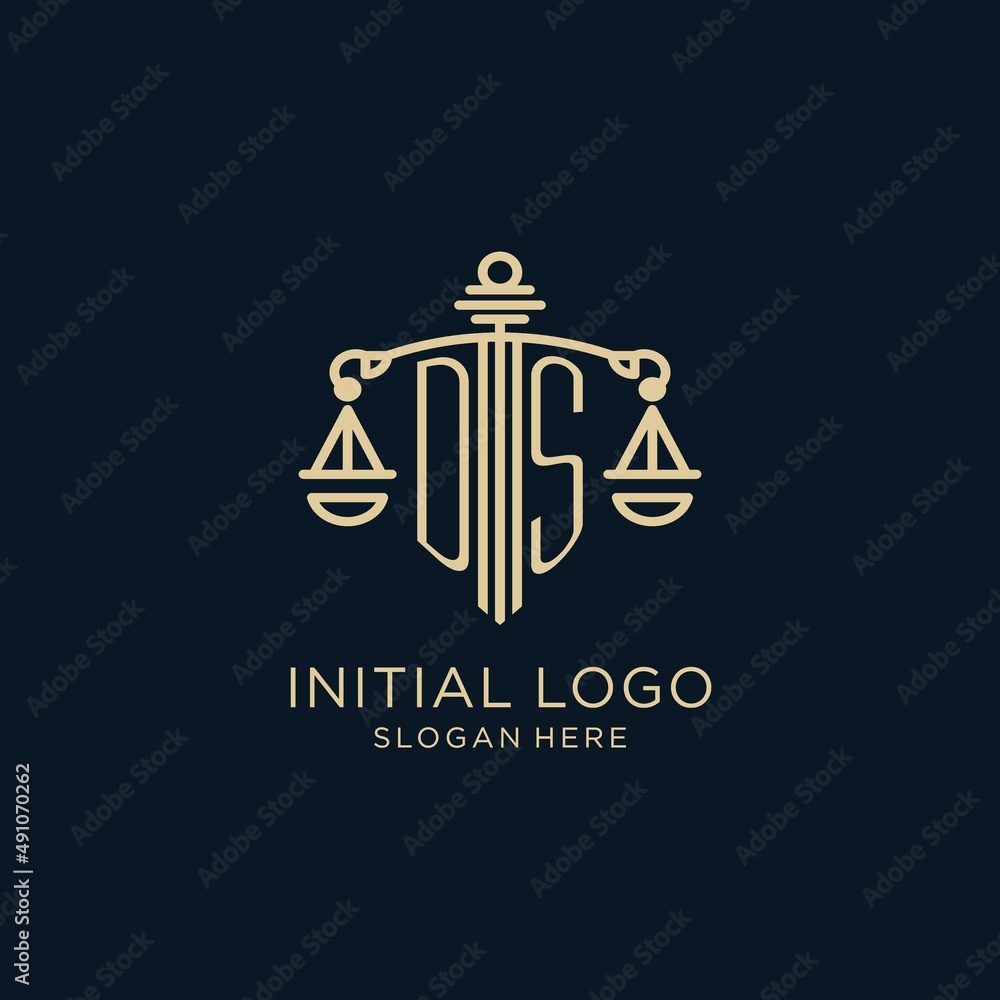 Initial DS logo with shield and scales of justice, luxury and modern ...