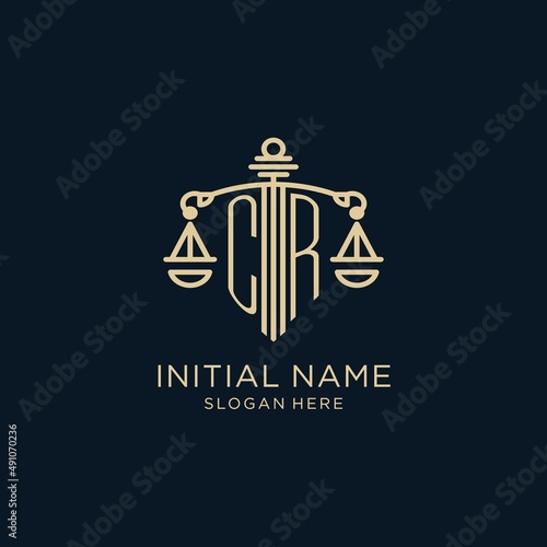 Initial CR logo with shield and scales of justice, luxury and modern law firm logo design