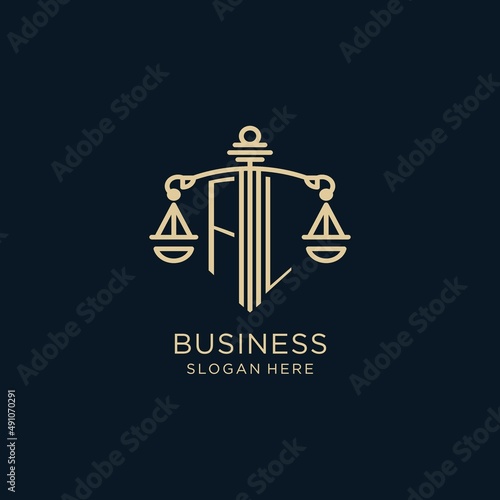 Initial FL logo with shield and scales of justice, luxury and modern law firm logo design