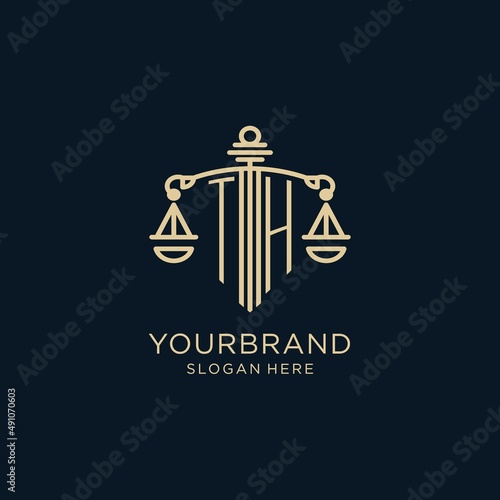 Initial TH logo with shield and scales of justice, luxury and modern law firm logo design