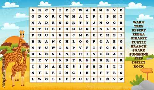 Words search puzzle for kids with african safari animals - giraffe, printable worksheet for learning english