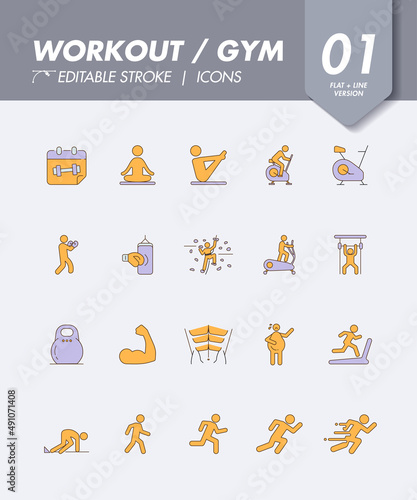Fitness exercise workout gym flat color line icons set collection. Vector illustrations.