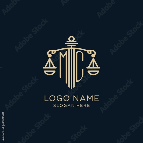 Initial MC logo with shield and scales of justice, luxury and modern law firm logo design